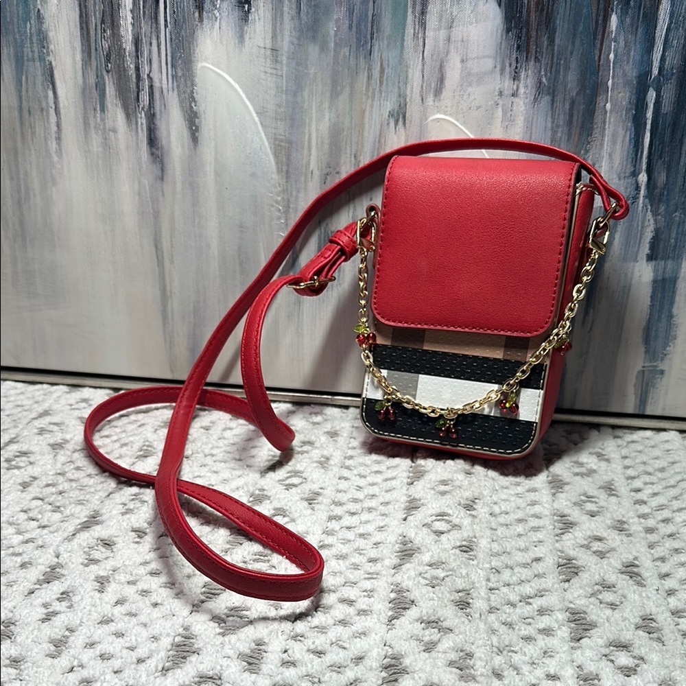 Commuter Crossbody Red & Neutral Plaid Pattern w/Cherry Bag Charm Strap Extender